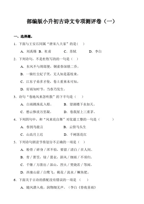2020统编部编人教版语文：小升初古诗文专项测评卷(一)含答案