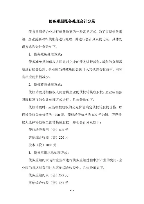 债务重组账务处理会计分录
