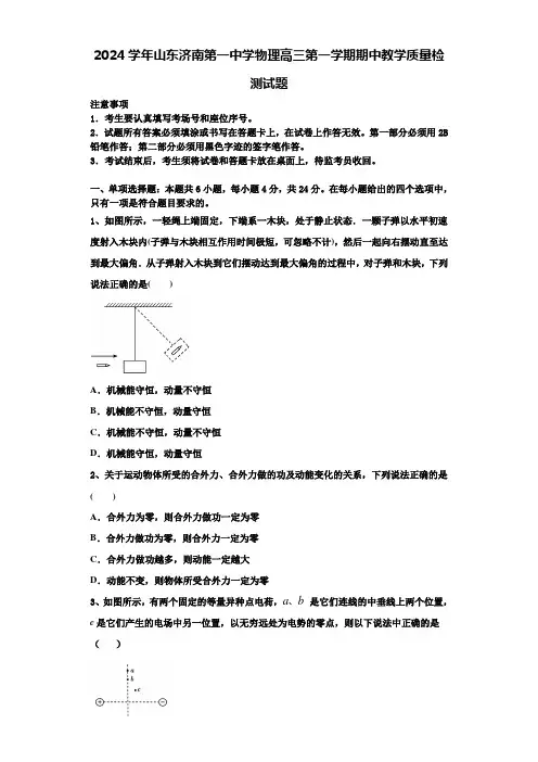 2024学年山东济南第一中学物理高三第一学期期中教学质量检测试题含解析