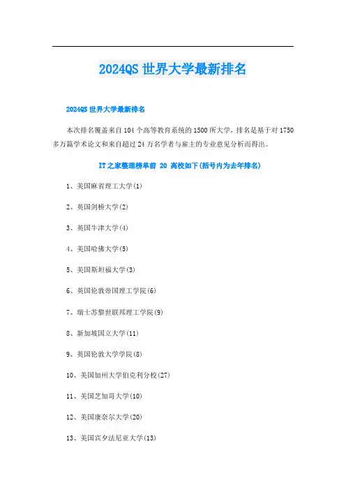 2024QS世界大学最新排名