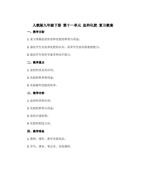 人教版九年级下册 第十一单元 盐和化肥 复习教案