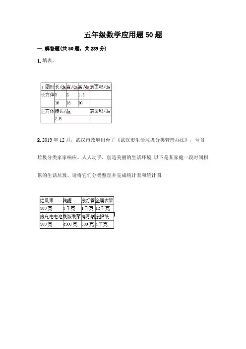 五年级数学应用题50题加答案解析