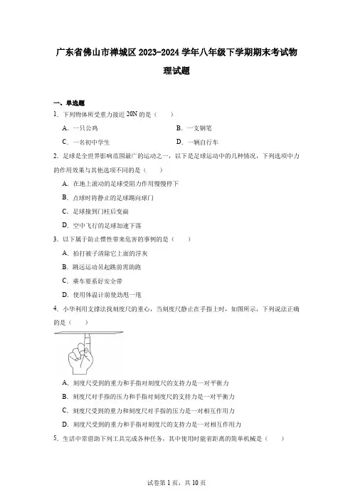广东省佛山市禅城区2023-2024学年八年级下学期期末考试物理试题