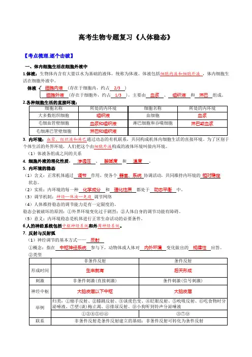 高考生物专题复习《人体稳态》含答案