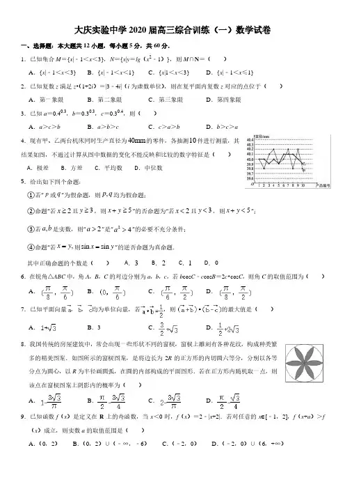 黑龙江省大庆实验中学2020届高三5月模拟测试理科数学试题(含答案)