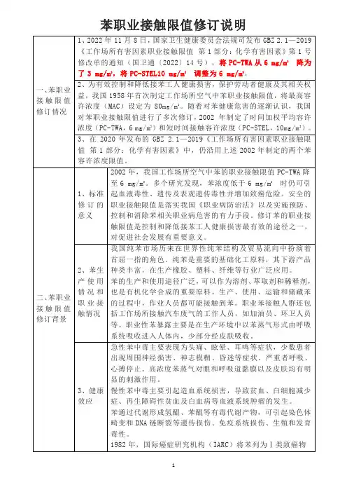 苯职业接触限值修订说明