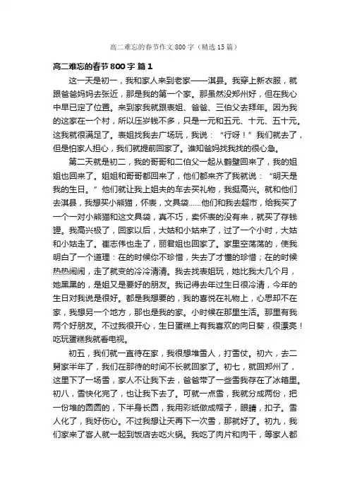 高二难忘的春节作文800字（精选15篇）