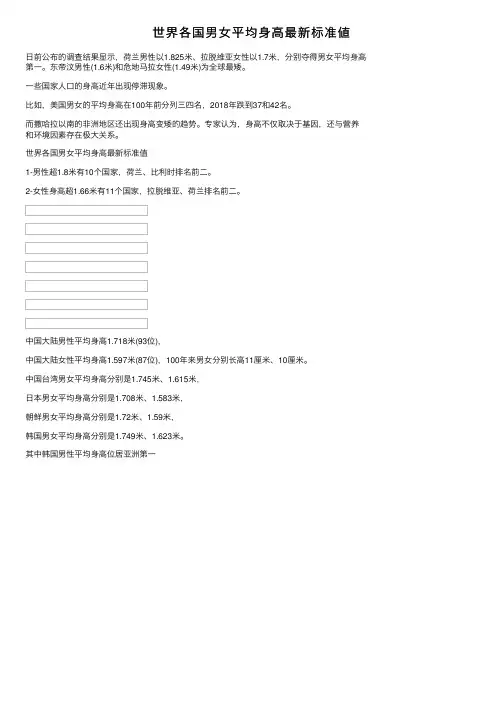 世界各国男女平均身高最新标准値