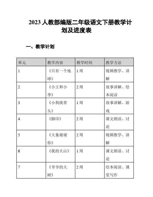 2023人教部编版二年级语文下册教学计划及进度表