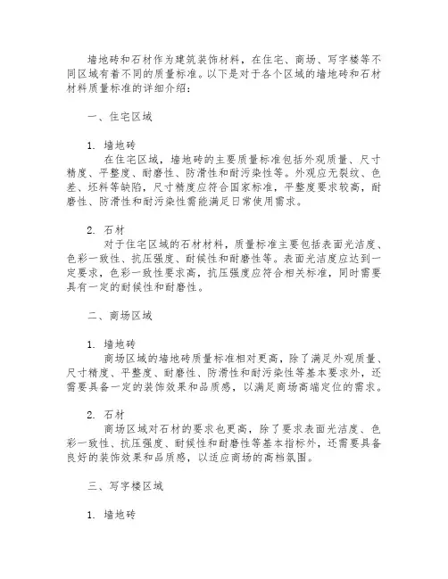 墙地砖、石材材料的质量标准。住宅、商场、写字楼等各个区域的标准