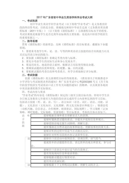 广东2017中考考纲英语