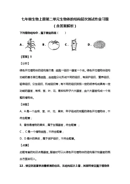 七年级生物上册第二单元生物体的结构层次测试作业习题(含答案解析)(339)