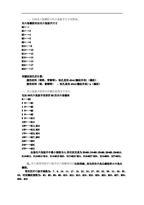 扳手和螺母对照表(参考资料)