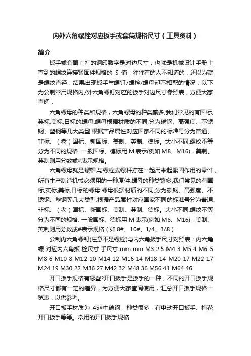 内外六角螺栓对应扳手或套筒规格尺寸（工具资料）