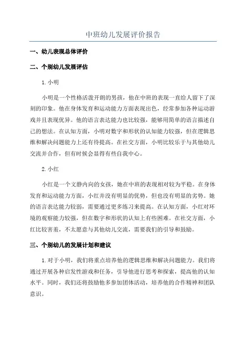 中班幼儿发展评价报告