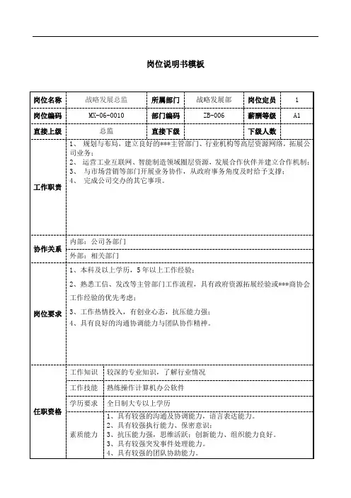 战略发展总监岗位说明书JD模板工作职责和任职要求