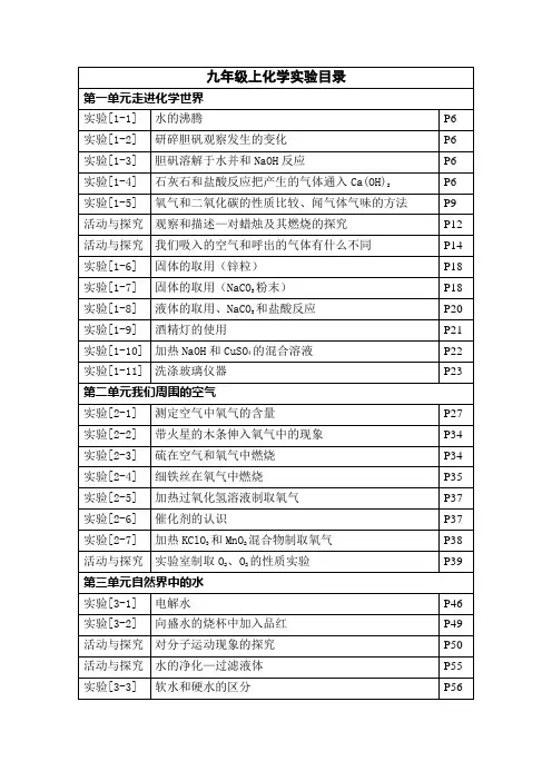 九年级 上册 化学实验目录、通知单