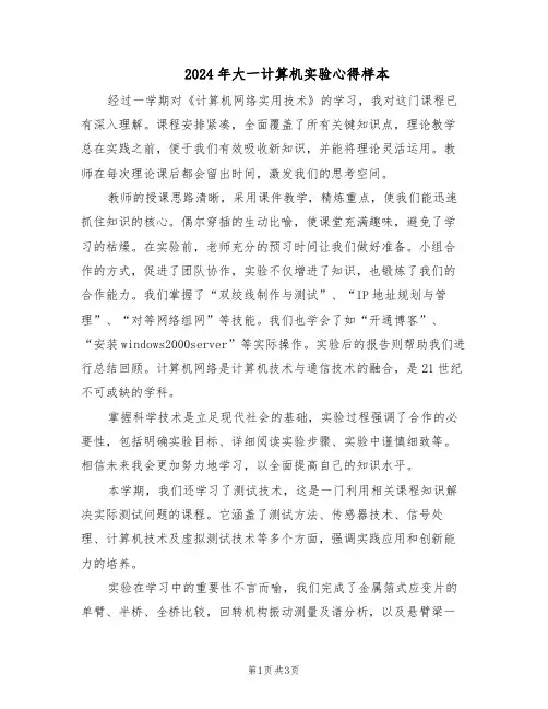 2024年大一计算机实验心得样本（二篇）