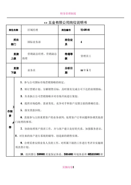 xx五金有限公司岗位说明书