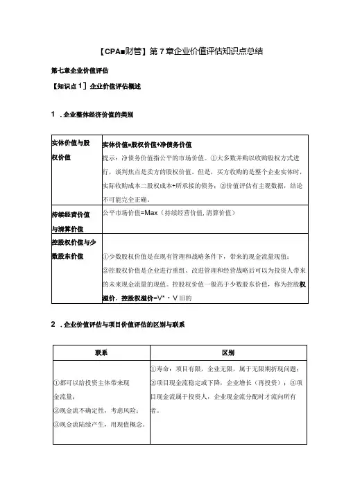 【CPA财管】第7章企业价值评估知识点总结