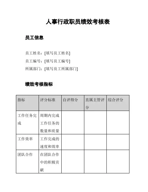 人事行政职员绩效考核表