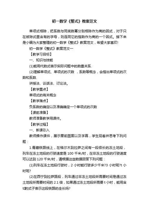 初一数学《整式》教案范文