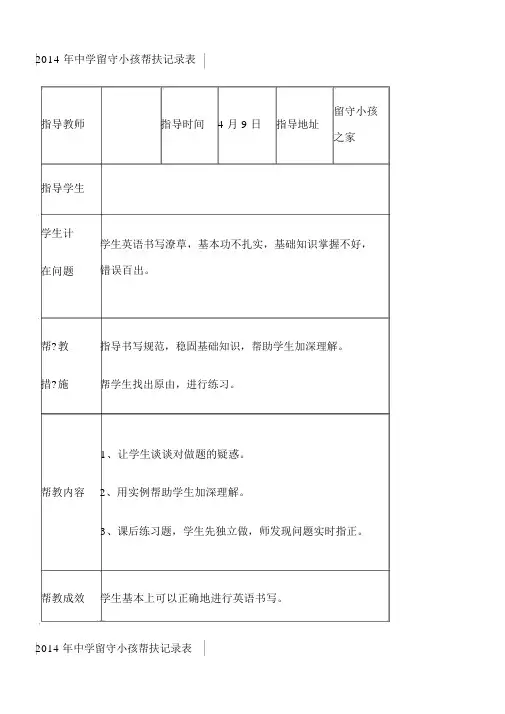 2014年中学留守儿童帮扶记录表