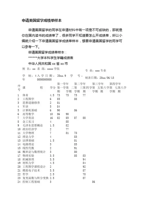 申请美国留学成绩单样本