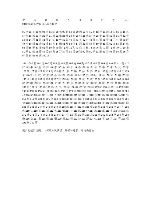 中国姓氏人口排名表