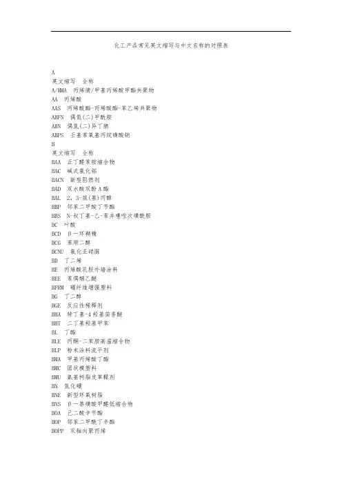 化工产品常见英文缩写与中文名称的对照表