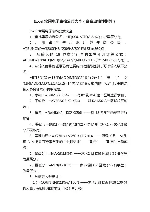 Excel常用电子表格公式大全（含自动输性别等）