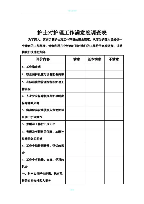 护士对护理工作满意度调查表