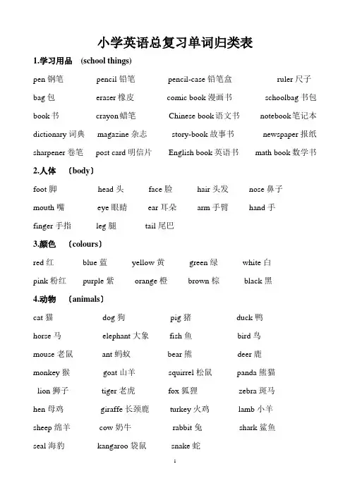 PEP人教小学英语单词分类复习表(全)
