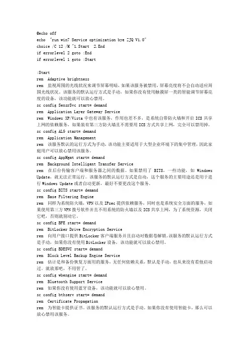 Win7 服务优化 Optimize