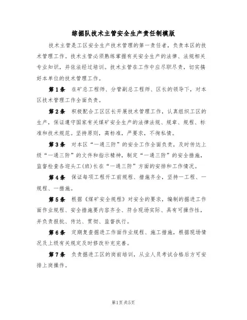 综掘队技术主管安全生产责任制模版（2篇）