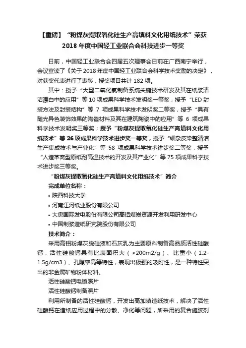 【重磅】“粉煤灰提取氧化硅生产高填料文化用纸技术”荣获2018年度中国轻工业联合会科技进步一等奖