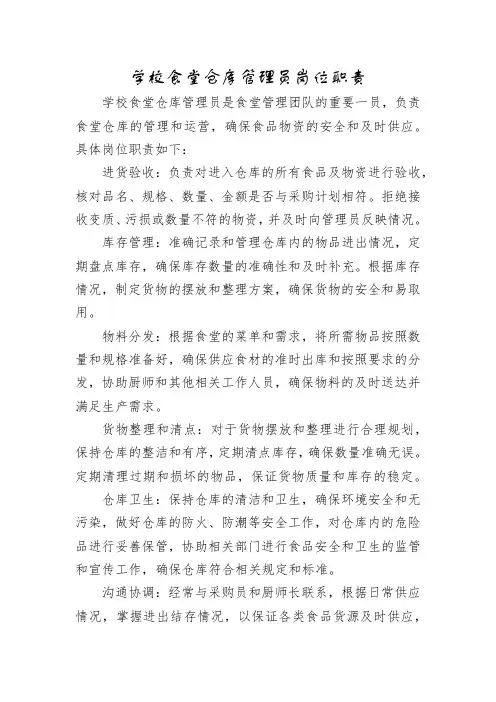 学校食堂仓库管理员岗位职责