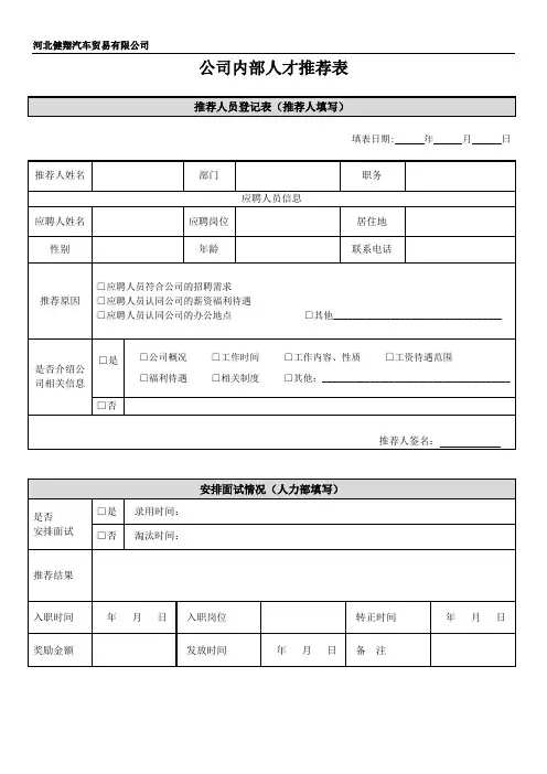 员工内部招聘推荐表