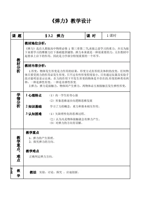 全国优质课大赛一等奖高中物理必修一《弹力》获奖教学设计+学案+教学反思