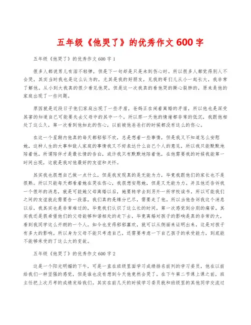 五年级《他哭了》的优秀作文600字