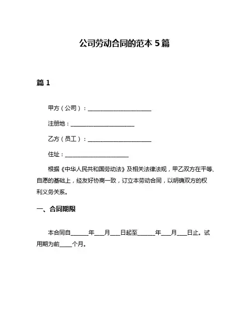 公司劳动合同的范本5篇