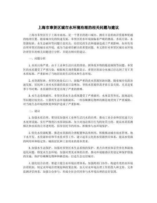 上海市奉贤区城市水环境治理的相关问题与建议