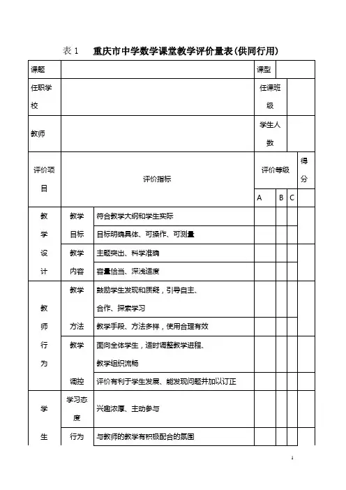 重庆市中学数学课堂教学评价量表