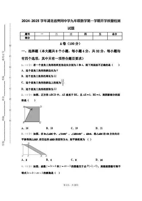 2024-2025学年湖北省黄冈中学九年级数学第一学期开学质量检测试题【含答案】