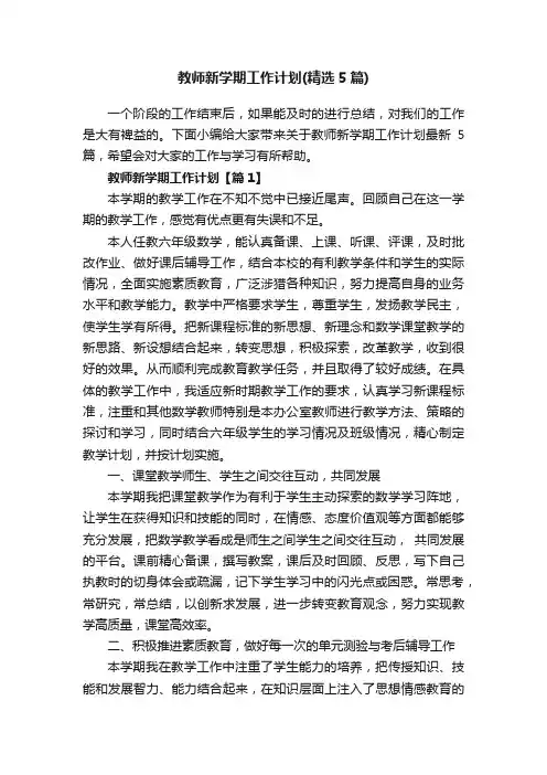 教师新学期工作计划（精选5篇）