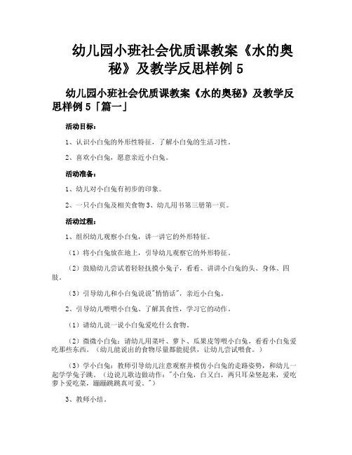 幼儿园小班社会优质课教案《水的奥秘》及教学反思样例