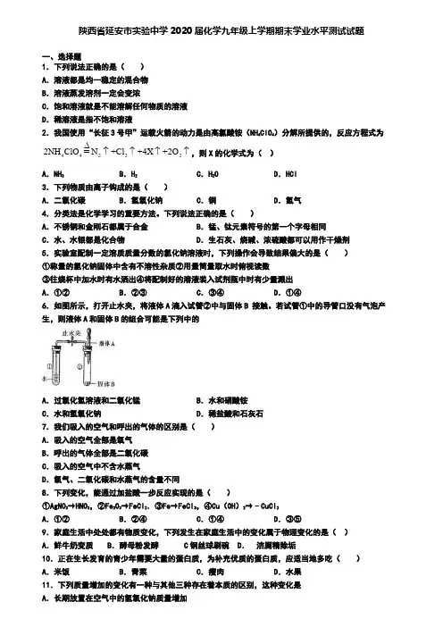 陕西省延安市实验中学2020届化学九年级上学期期末学业水平测试试题