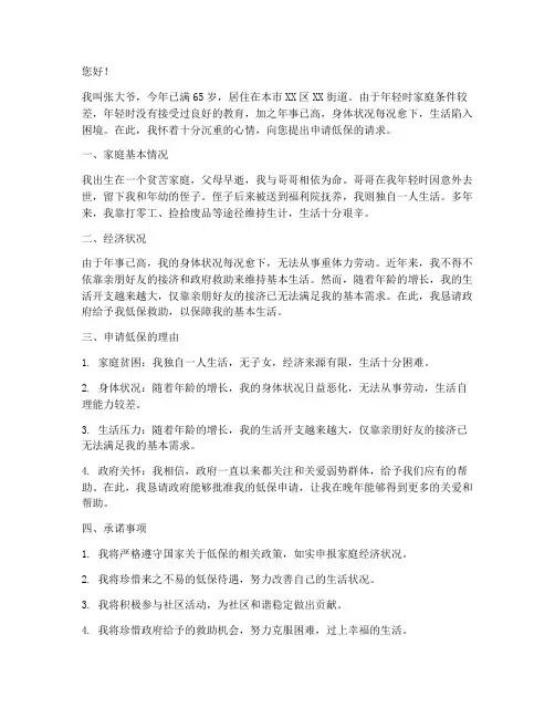 独居老人低保个人申请书