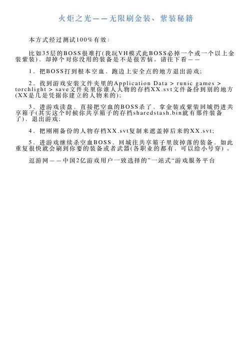火炬之光——无限刷金装、紫装秘籍