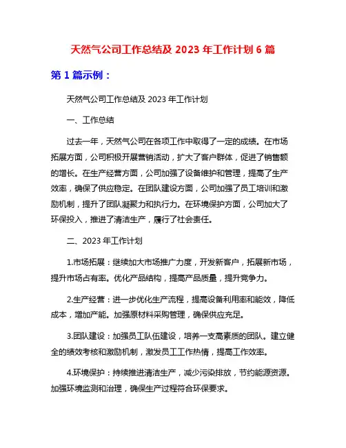 天然气公司工作总结及2023年工作计划6篇